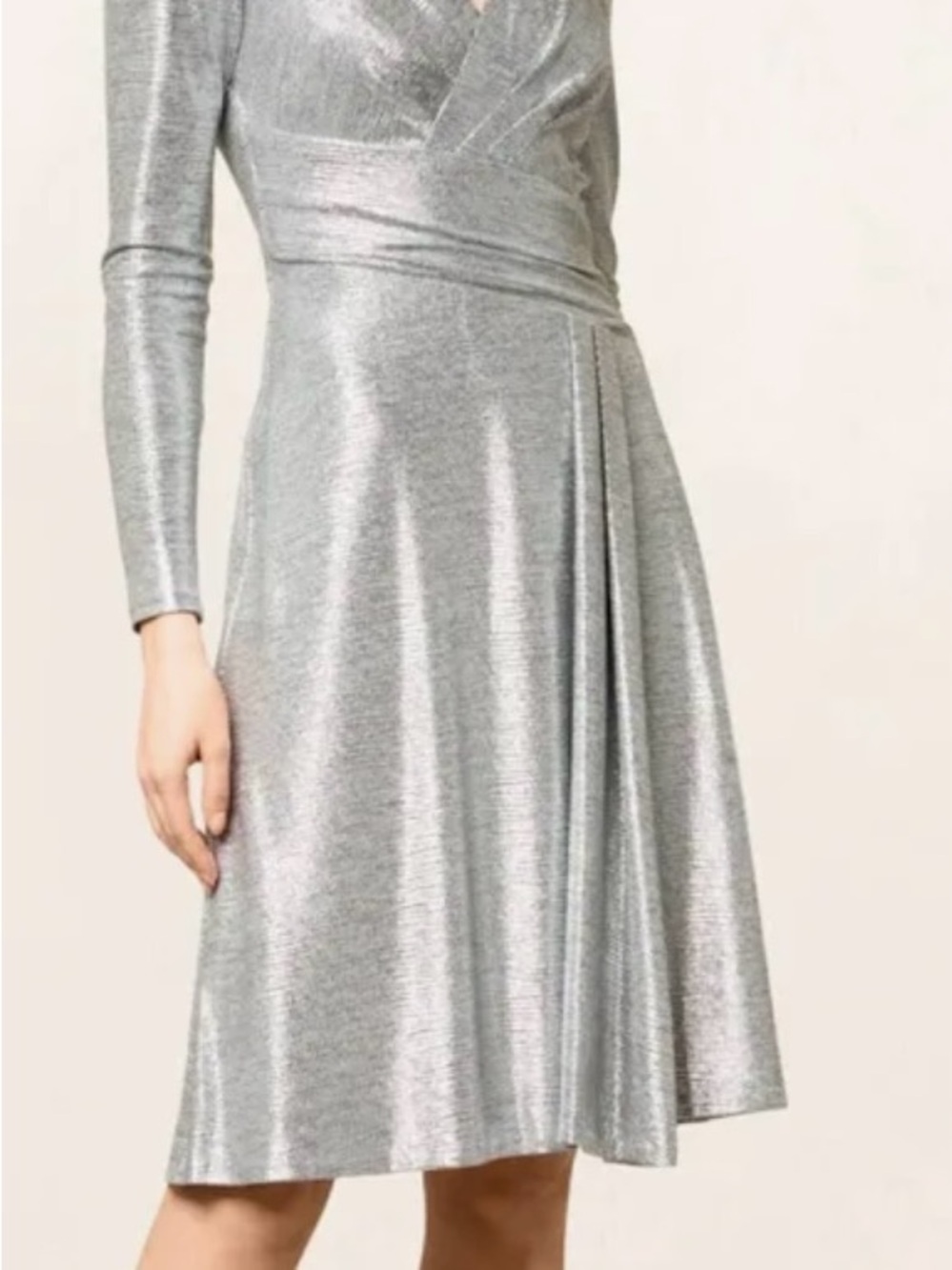 Lauren Ralph Lauren Metallic Silver Long-Sleeve A-Line Wrap Dress